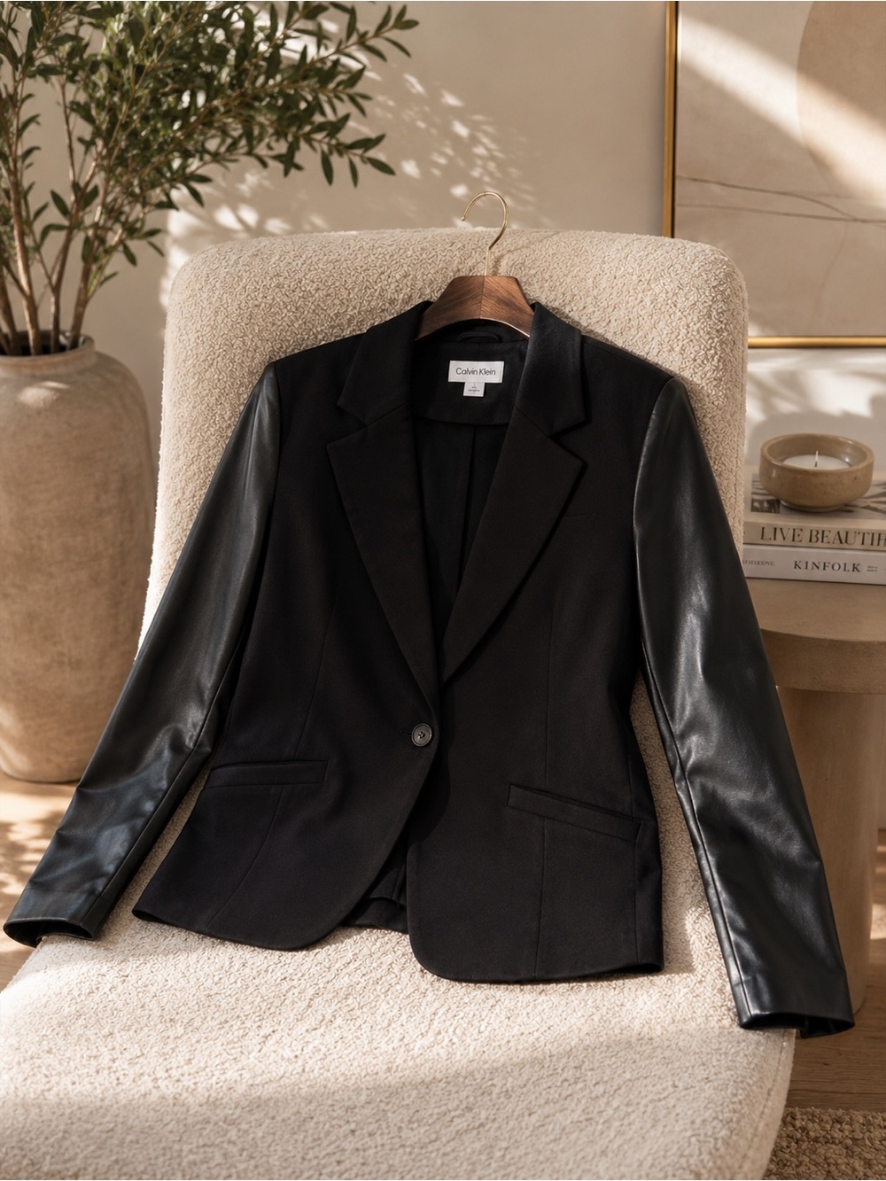Calvin Klein Black Blazer with Faux Leather Sleeves
